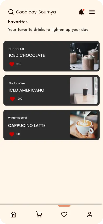 The Bean and Beyond favourites screen: three saved drinks — iced chocolate, iced americano and cappucino latte — each with a heart and a count of how many times it has been ordered