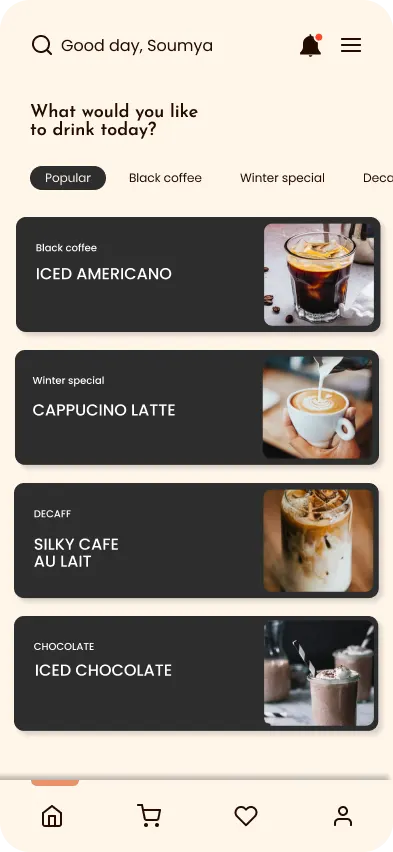 The Bean and Beyond menu screen: a search field greeting the customer by name, the question what would you like to drink today, category tabs, and four dark drink cards each with a photograph — iced americano, cappucino latte, silky cafe au lait and iced chocolate