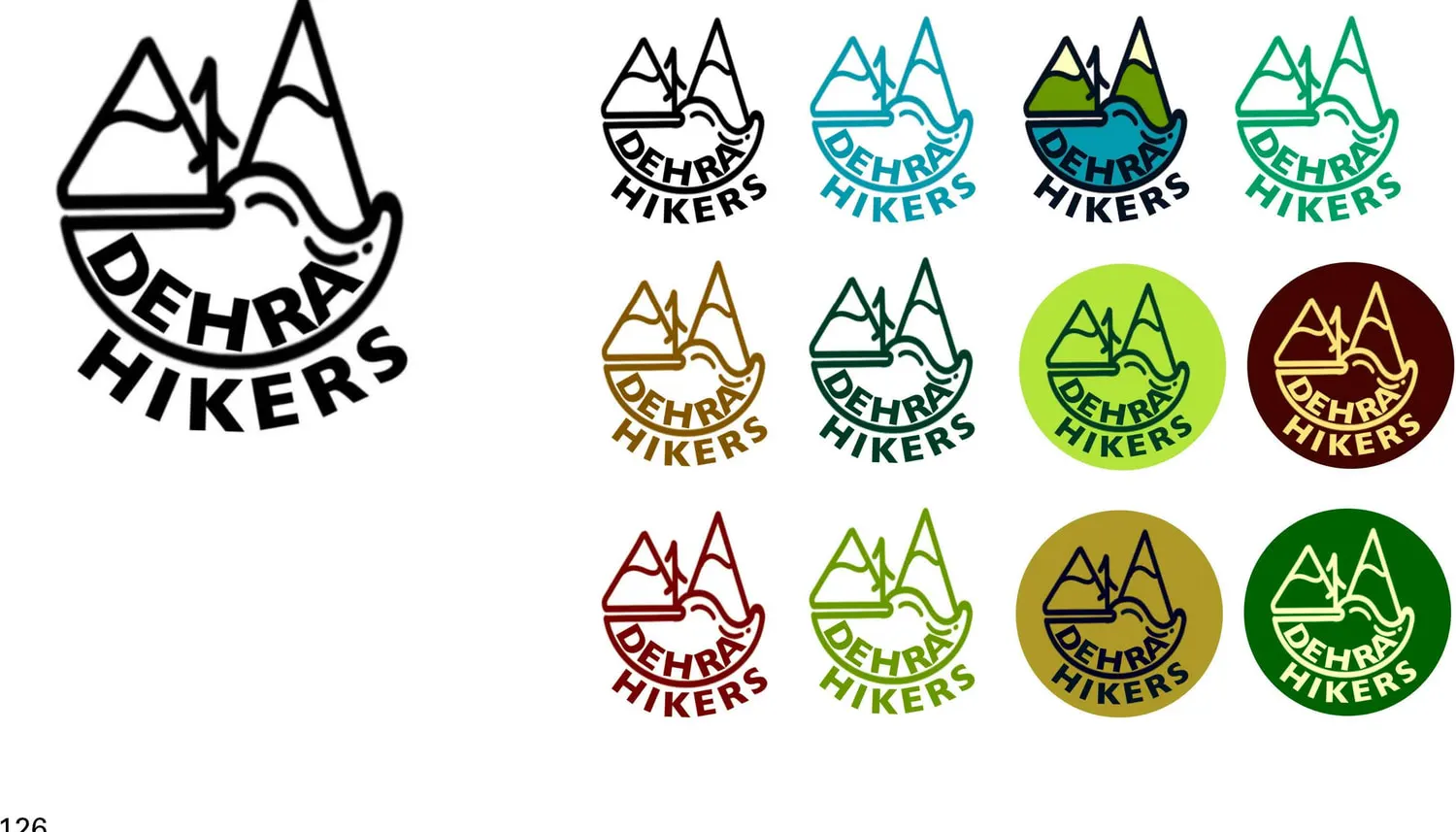 Logo exploration page: a large outlined badge of two mountain peaks with a curving river and DEHRA HIKERS set around the circle, beside a grid of twelve colourway trials of the same badge in black, blues, greens, ochres and reds.