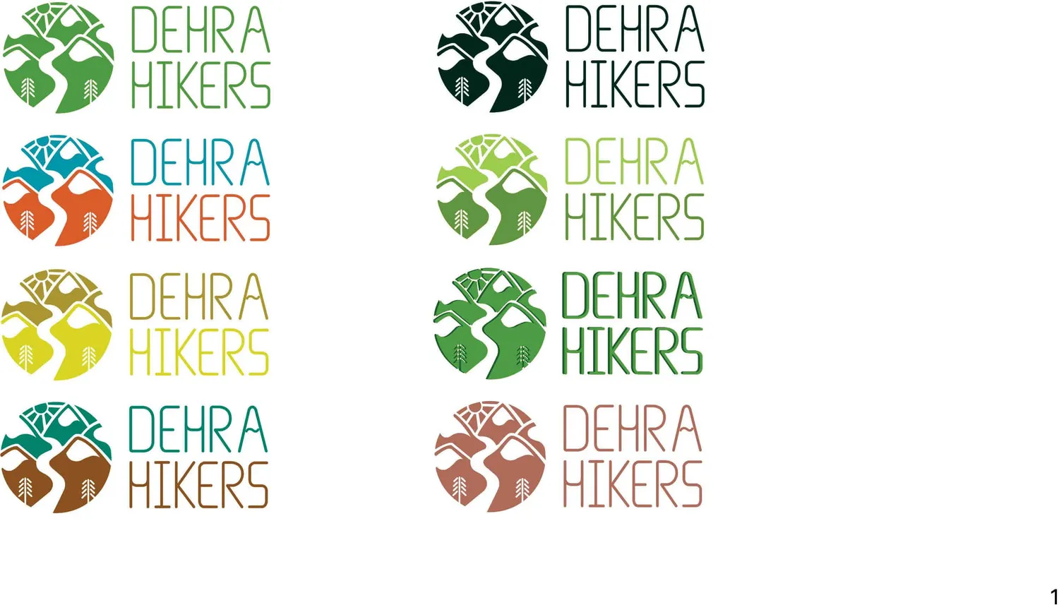 Chosen logo page: a circular mark of layered peaks, a river and pine trees, locked up with the DEHRA HIKERS wordmark, shown in eight colourways from greens to teal-and-orange to terracotta.