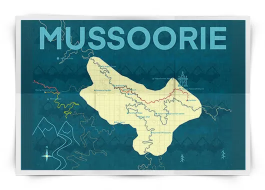 A folded map of Mussoorie printed in deep teal-blue, with the town outline in cream, trails picked out in red and green, and a repeating mountain pattern behind the type.