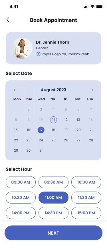 The Doctify booking screen: the chosen doctor at the top, an August 2023 calendar with the 17th selected, a grid of appointment-hour chips with 11:00 AM selected, and a Next button