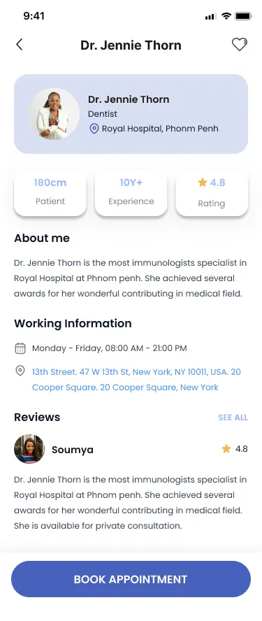A Doctify doctor profile: Dr. Jennie Thorn, dentist at Royal Hospital, three summary chips including ten years plus experience and a 4.8 rating, an About me paragraph, working hours and address, a patient review, and a Book Appointment button