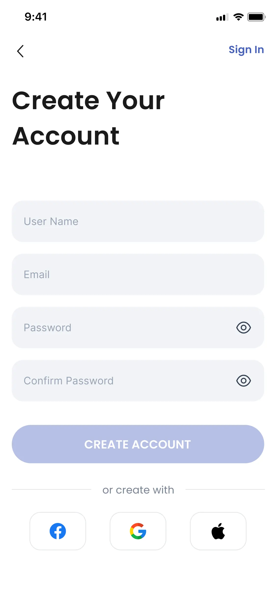 The Doctify Create Your Account screen: user name, email, password and confirm password fields, a Create Account button, and a row of Facebook, Google and Apple buttons under the words or create with