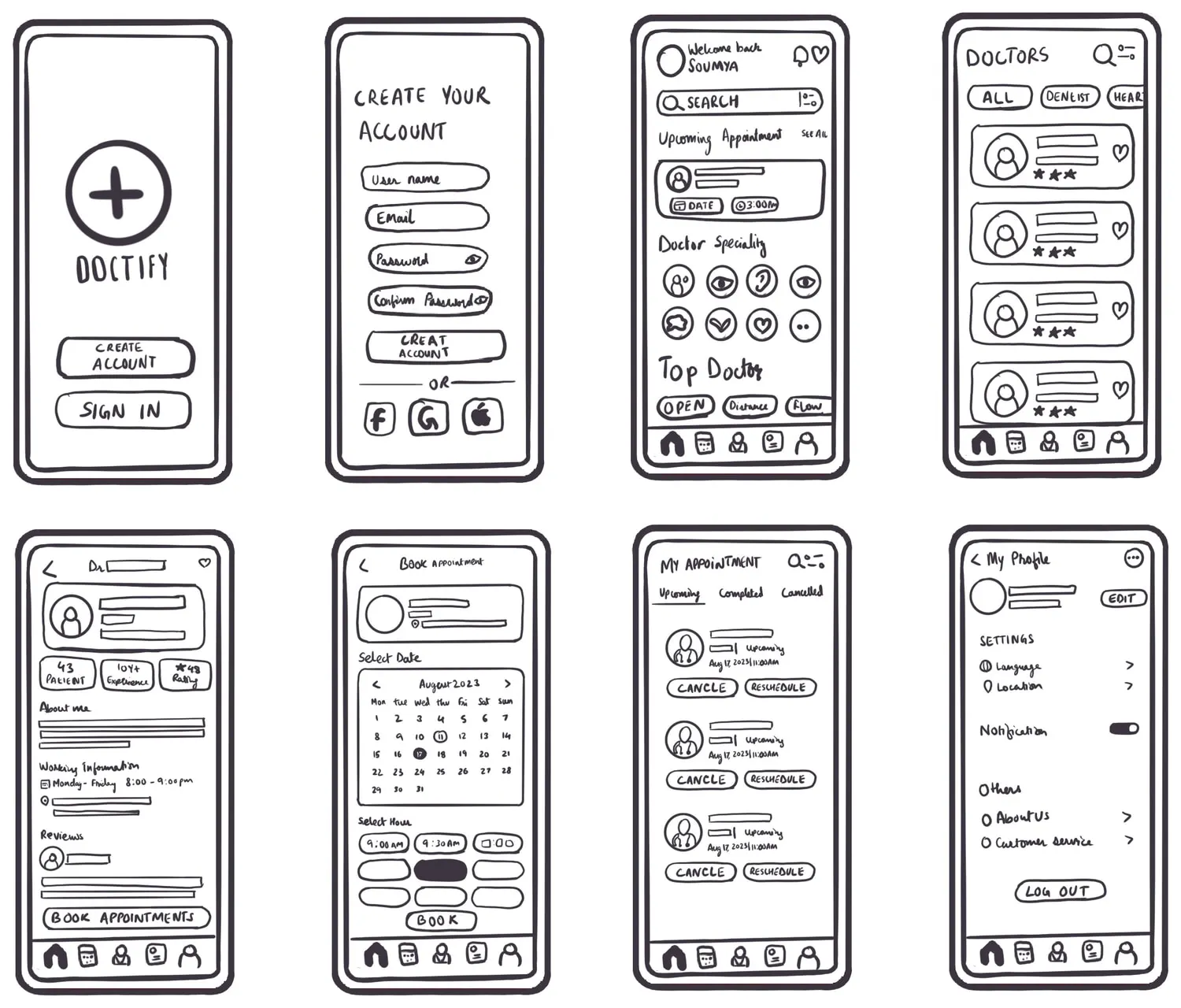 The hand-drawn Doctify wireframe board: eight phone frames in two rows of four — the splash with the circled cross mark, Create Your Account with its four fields, the home screen with search, an upcoming appointment card, an eight-icon speciality grid and a five-icon bottom bar, the Doctors list with its chips and stars, the doctor profile with patients, experience and rating chips over About me, working information and reviews, Book Appointment with an August 2023 calendar and hour chips, My Appointment with its upcoming, completed and cancelled tabs, and My Profile with settings, a notification switch and log out