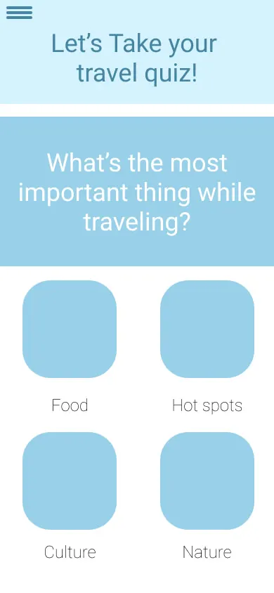 The Hodo quiz wireframe: the heading let's take your travel quiz, the question what's the most important thing while traveling, and four picture answers two across — food, hot spots, culture, nature