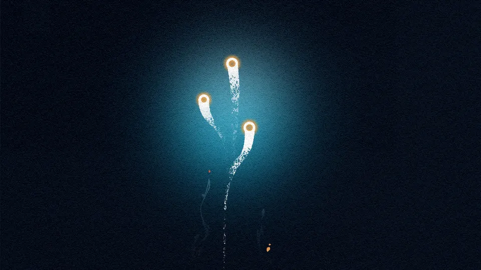 Film frame: two small comet-like lights trailing upward through near-black space, the only lit objects in the picture.