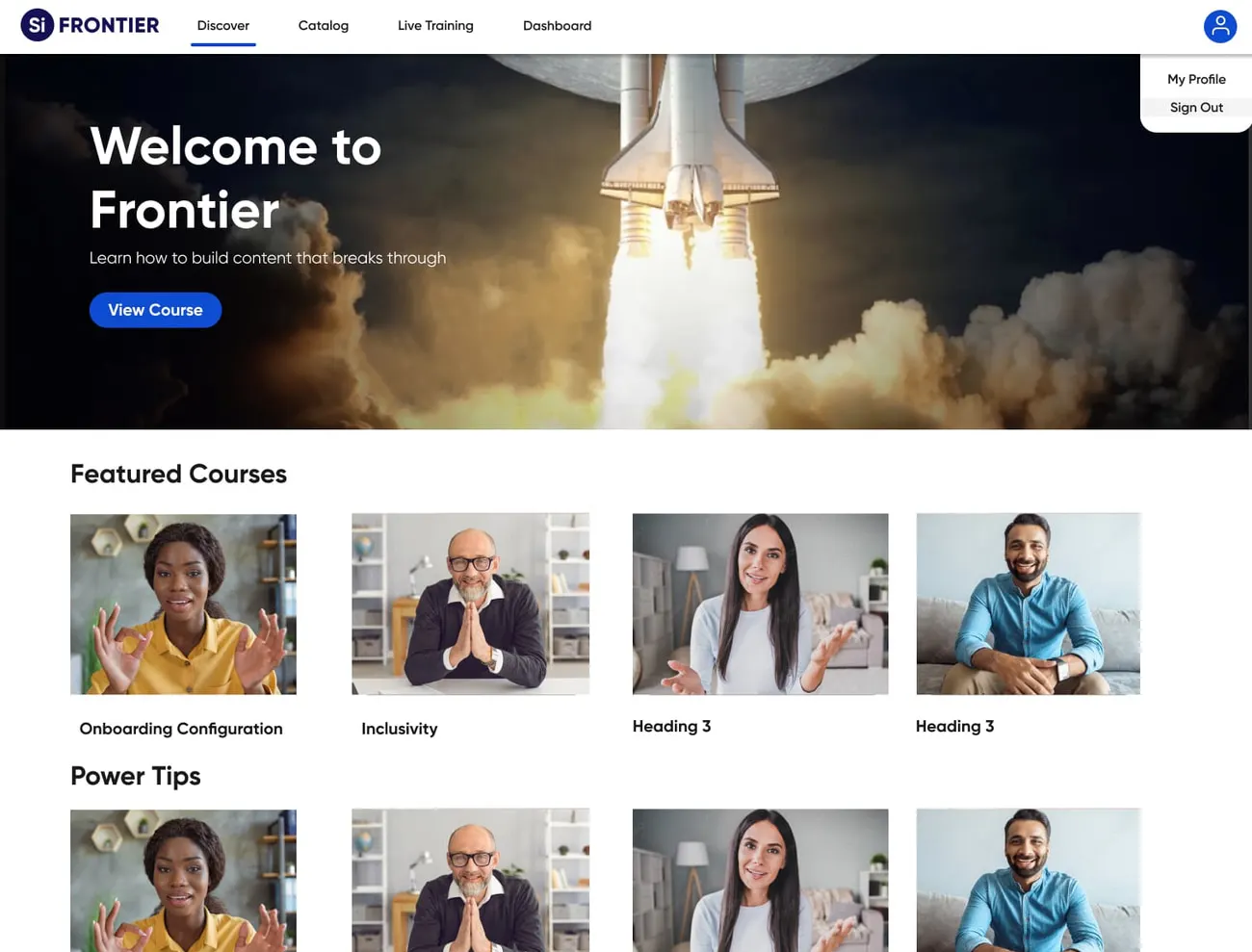 The redesigned Frontier Discover page: a light hero with a launch image, featured courses, power tips and an explore-all call to action