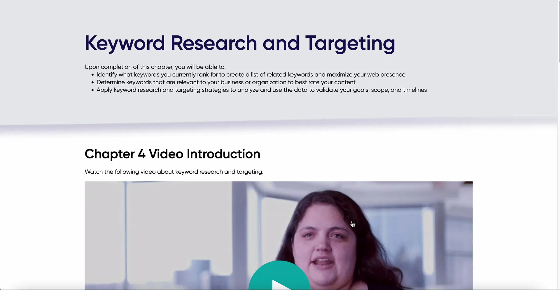A published Frontier chapter, Keyword Research and Targeting: its objectives, a Chapter 4 video introduction, expert videos, a filters accordion, a Try it Out task and a Next Step card