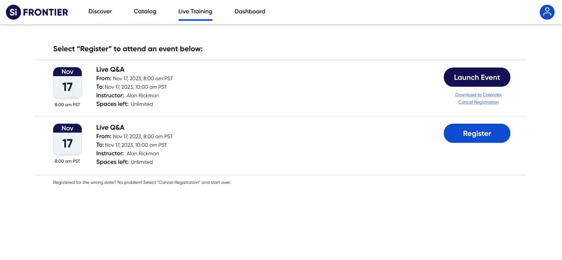 Step three: the confirmed registration with launch event, calendar invite and cancel options