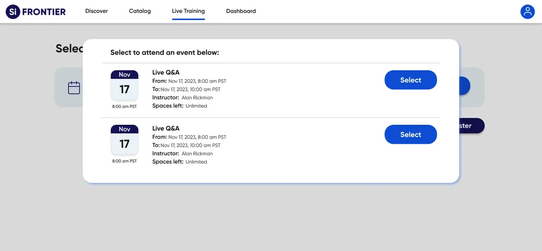 Step two: a dialog listing live events with dates, times, instructor and remaining spaces