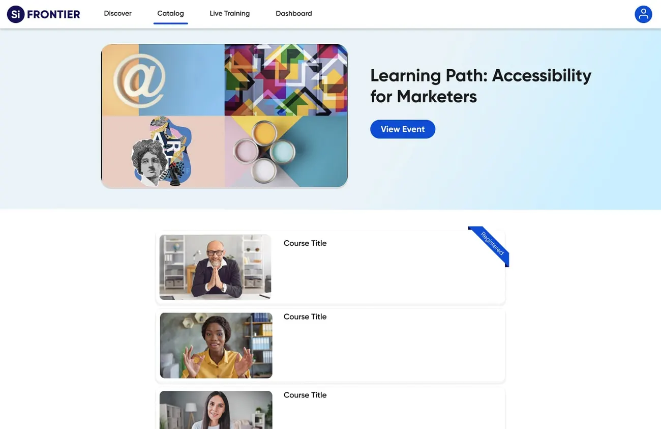 A Frontier learning path page for Accessibility for Marketers with its course list