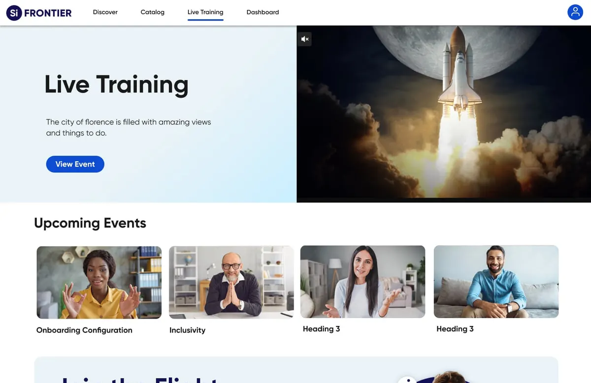 The Frontier live training page with a hero, upcoming events row, and a community invitation band