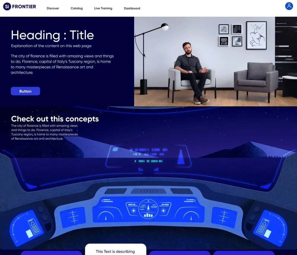 The explored futuristic space theme: a dark cockpit interface with glowing blue concept panels
