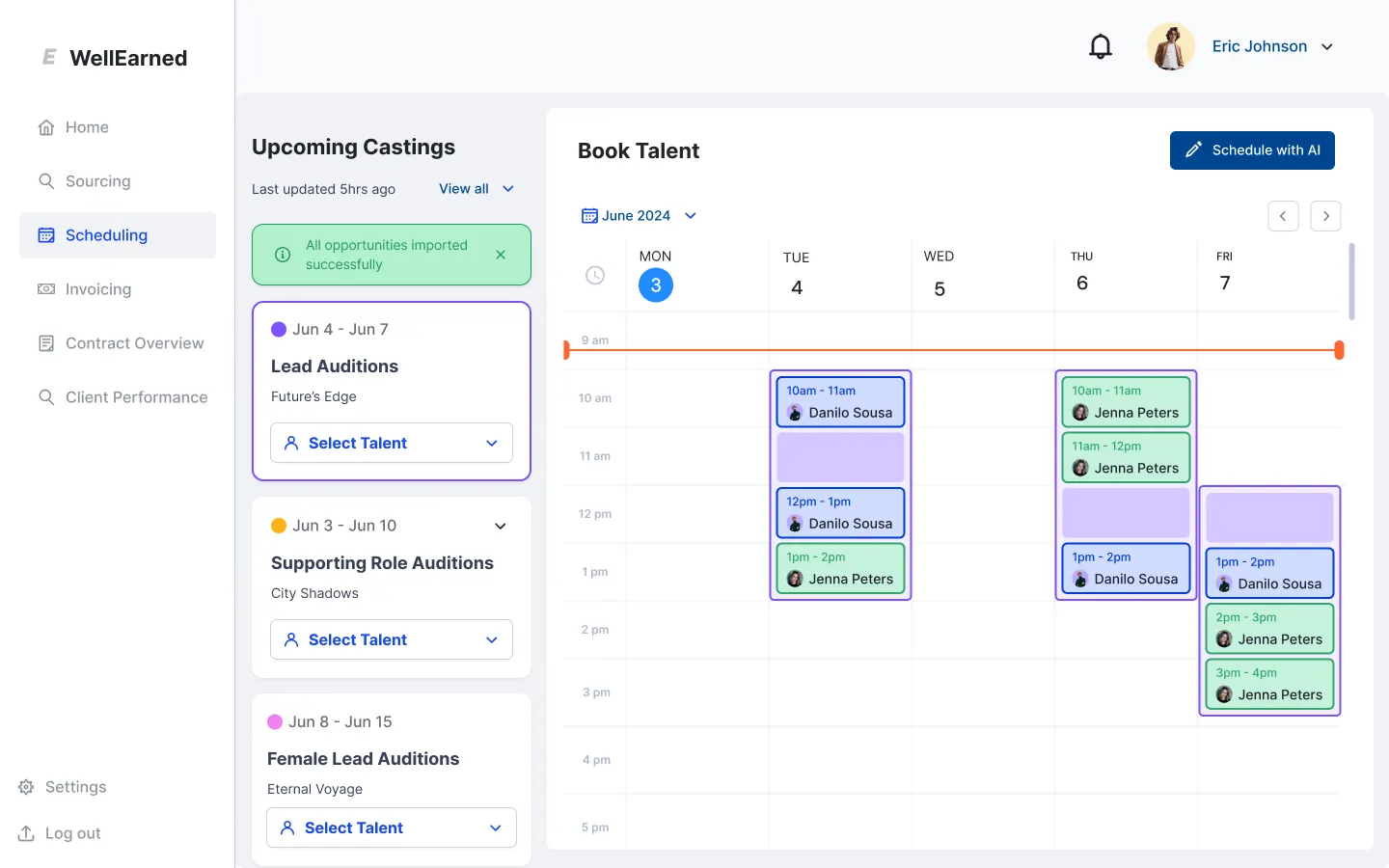 The redesigned WellEarned scheduling screen: a left sidebar, an Upcoming Castings column listing lead, supporting and female lead auditions with Select Talent controls, and a week-view Book Talent calendar with coloured booking blocks for each artist