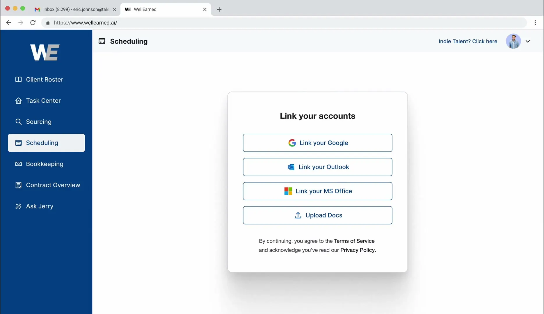 The WellEarned scheduling screen with a Link your accounts dialog open over it: Google, Outlook and MS Office linking buttons and an Upload Docs option, the navy sidebar with the WE mark and its seven items beside it